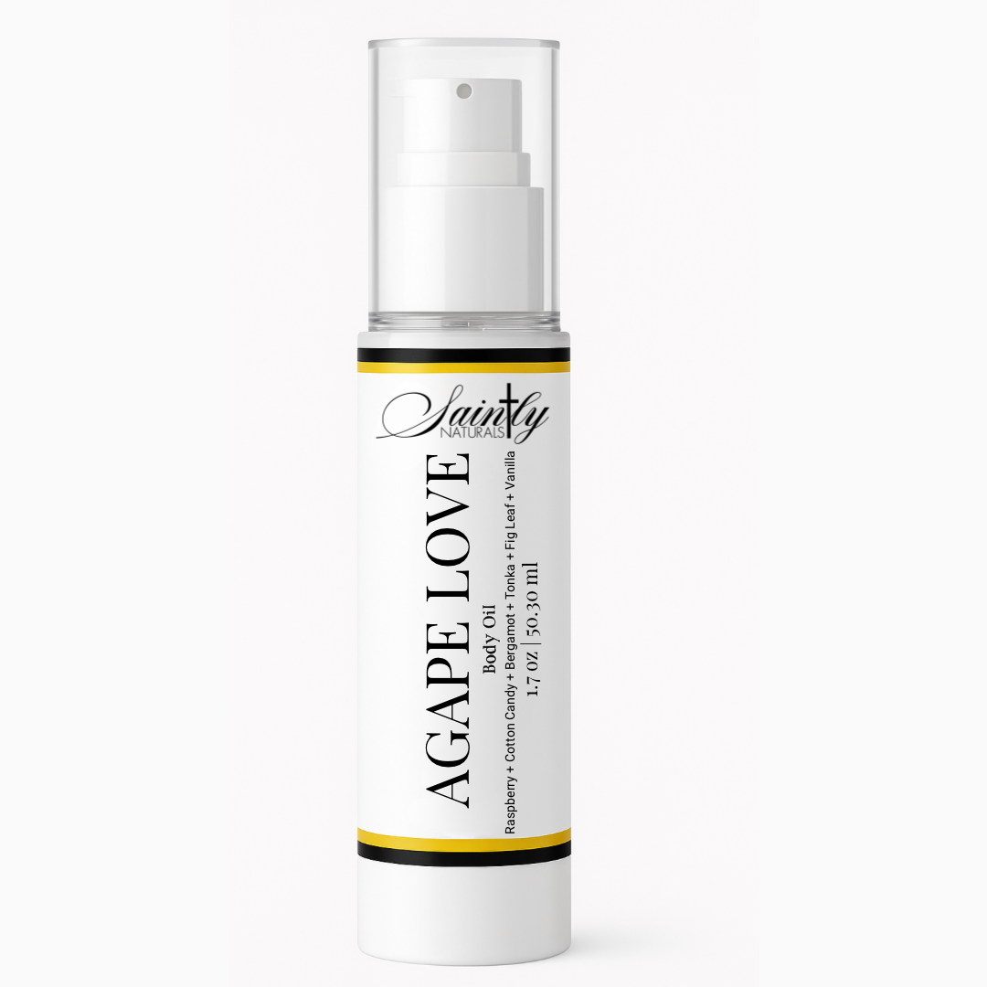 Body Oil bottle labeled 'Agape Love' on a white background
