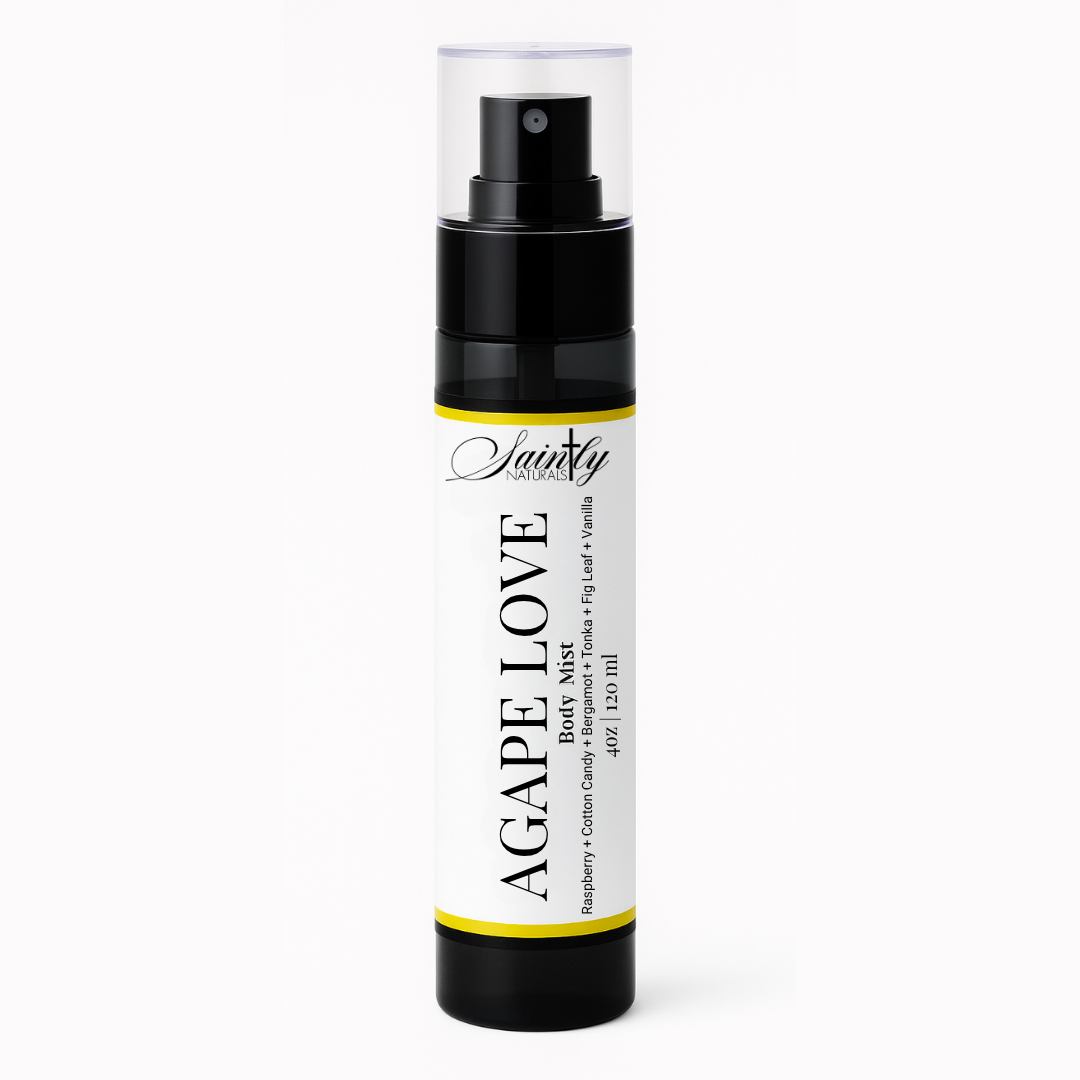 Body mist bottle labeled 'Agape Love' on a white background