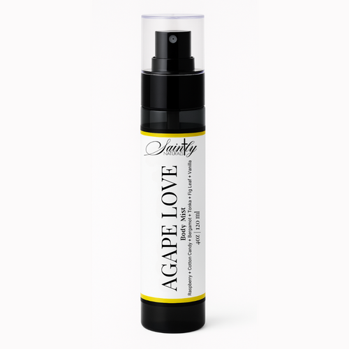 Body mist bottle labeled 'Agape Love' on a white background